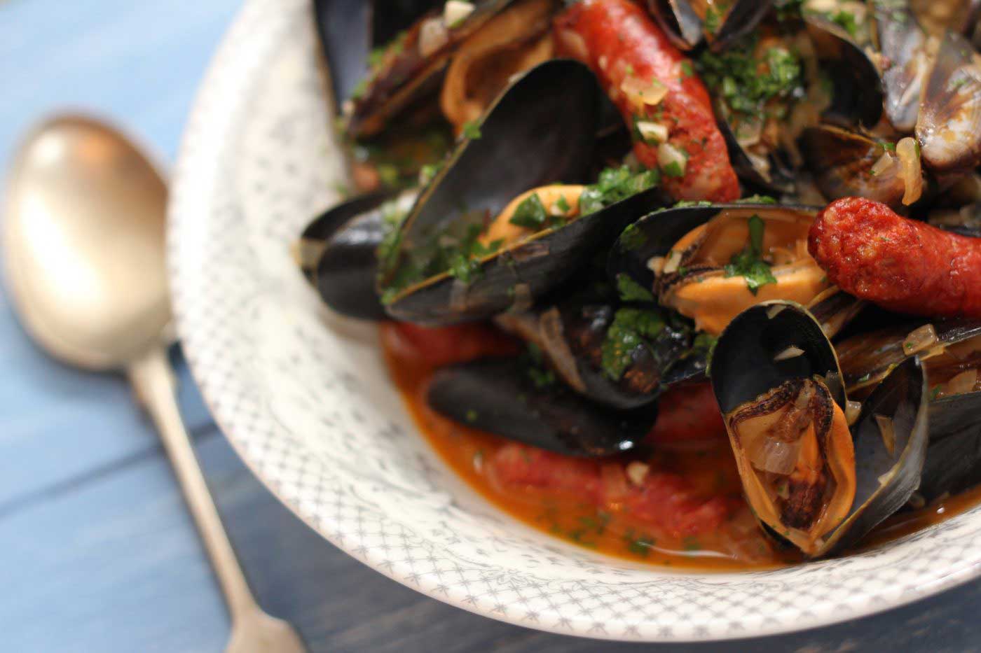 Mussels with Chistorra Sausage and Txakoli
