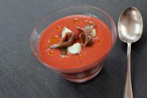 Cherry Gazpacho with Goat’s Cheese and Anchovies