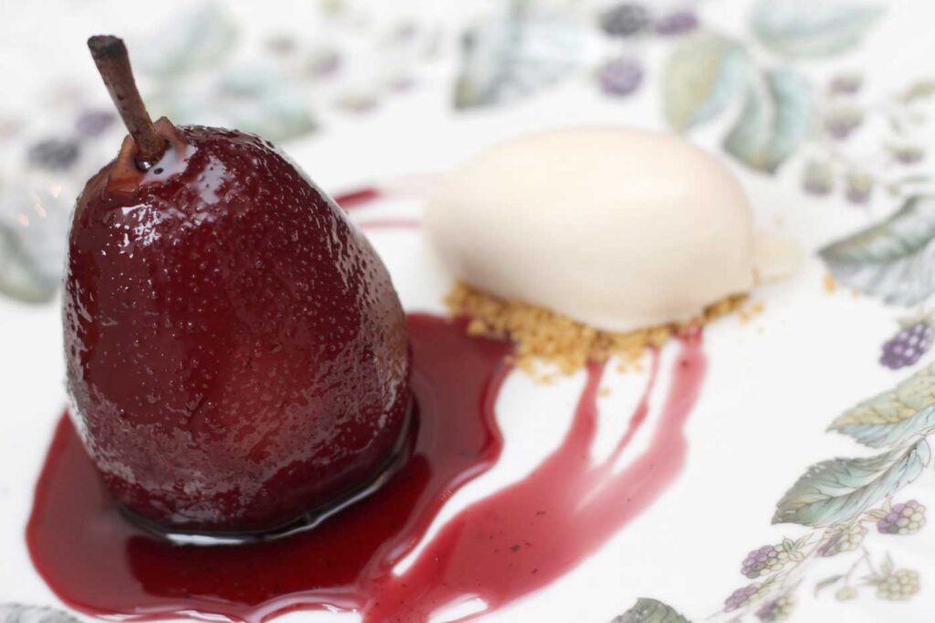 Poached Pears in Red Wine with Lemon Curd Ice Cream