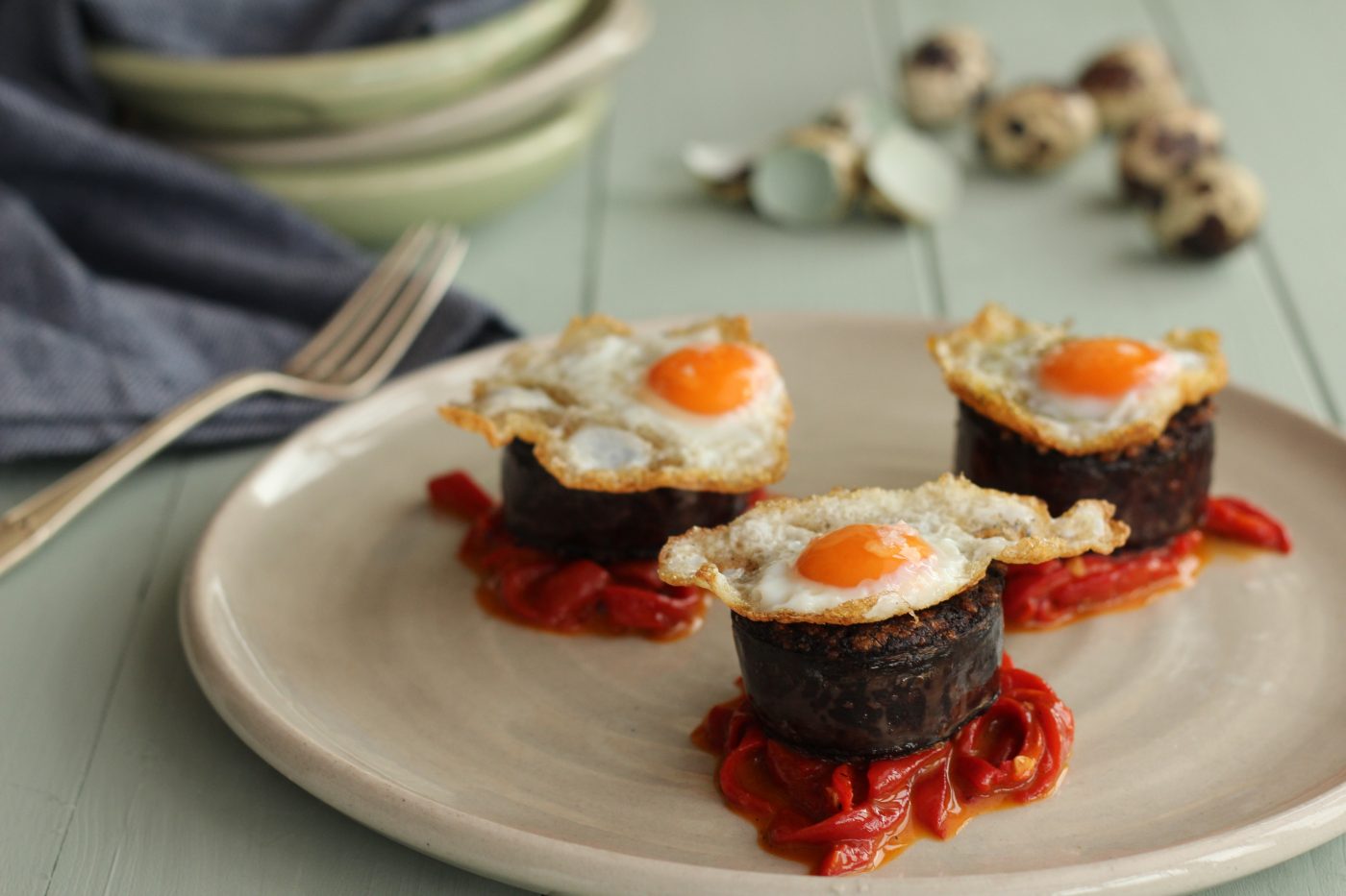 Morcilla with Piquillo Peppers and Quail Eggs