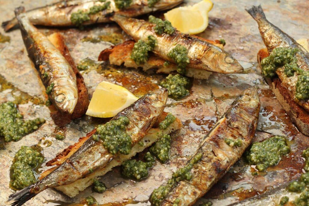 Barbecued Sardines on Toasted Sourdough with Walnut Pesto