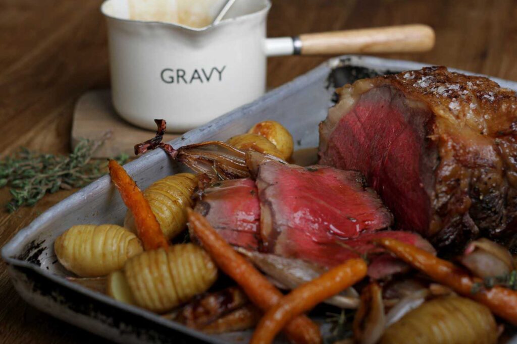 Roast Galician Sirloin of Beef, Caramelised Carrots, Braised Shallots and Sherry Juices