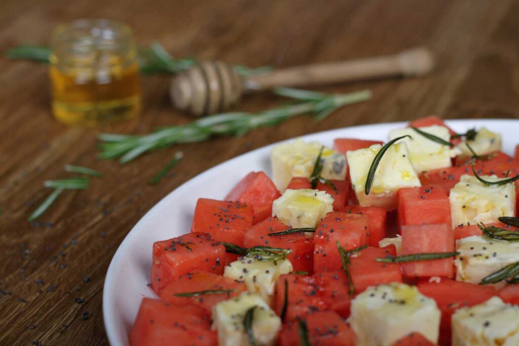 Watermelon and Goats Cheese Salad with Honey and Rosemary Oil