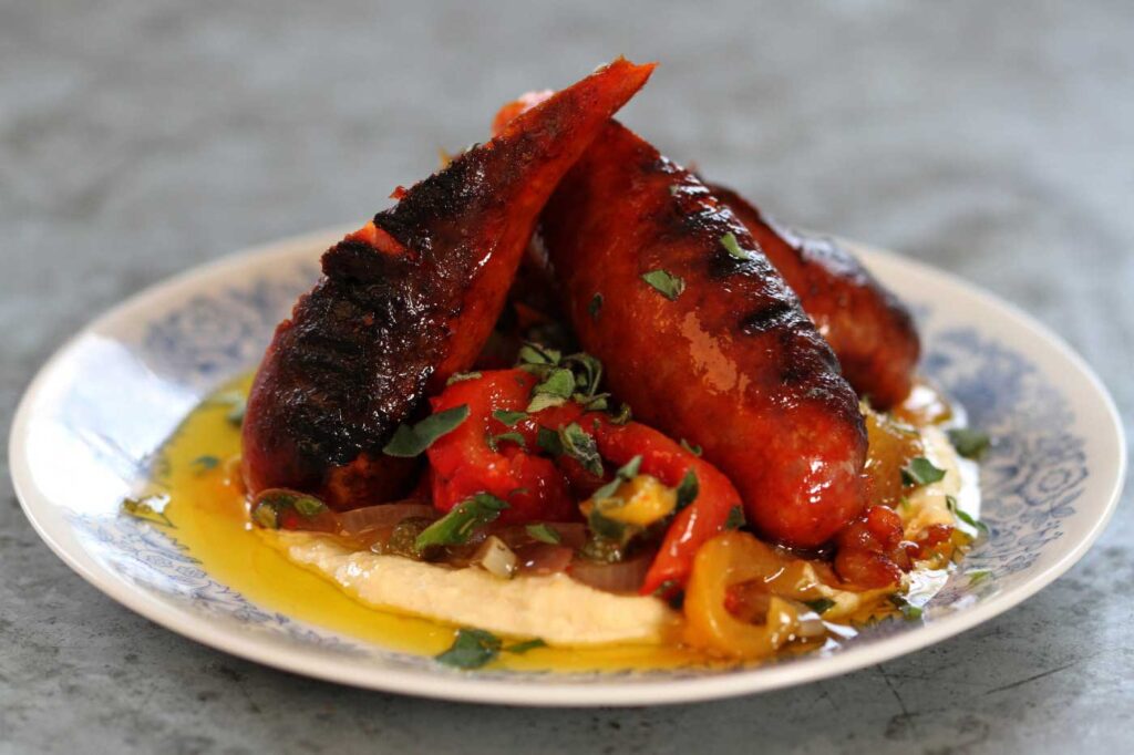 Chargrilled Chorizo with Escalivada and Chickpea Puree