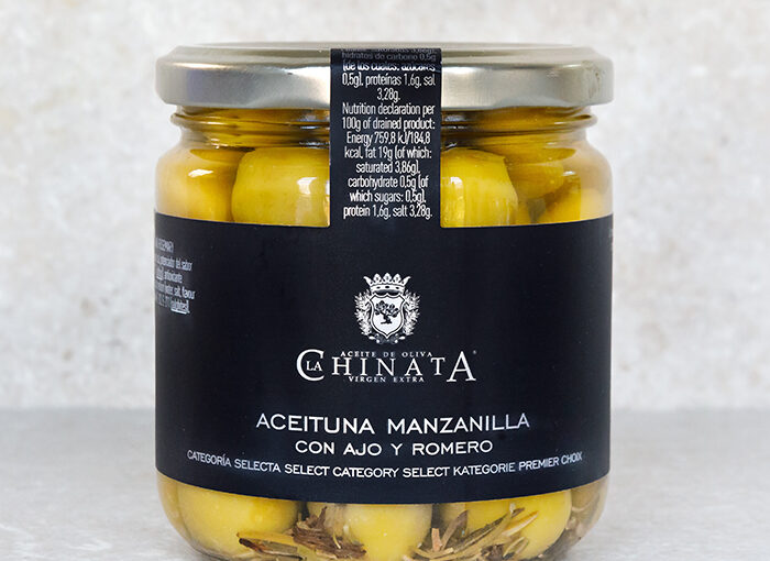 La Chinata Manzanilla Olives with Garlic and Rosemary 350g