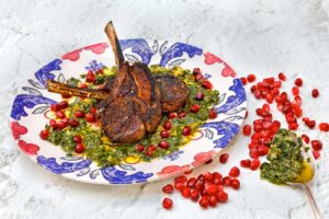 Spiced lamb cutlets with preserved lemon, pomegranate and salsa verde