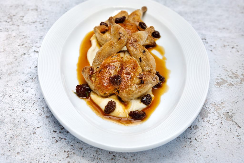 Barbecued Quail with Celeriac Purée, Raisin and Sherry Reduction