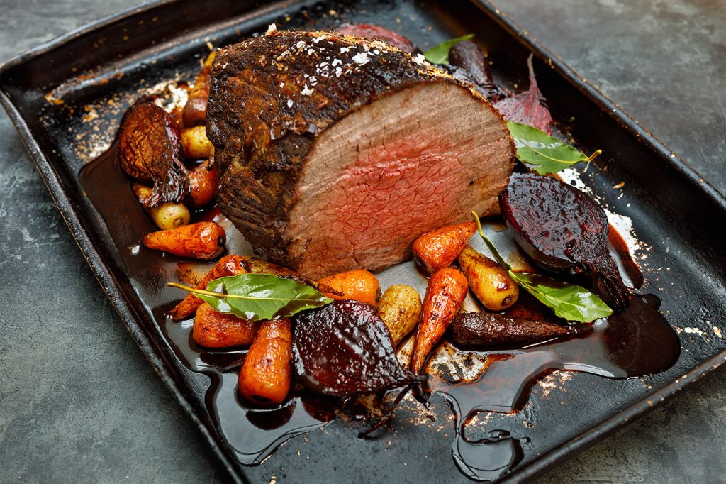 Roast Wagyu Beef with Shallots, Carrots, Beetroots and Rioja Red Wine Sauce