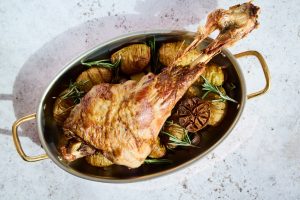 Roast Milk-Fed Lamb Leg with Rosemary, Garlic & Hasselback Potatoes