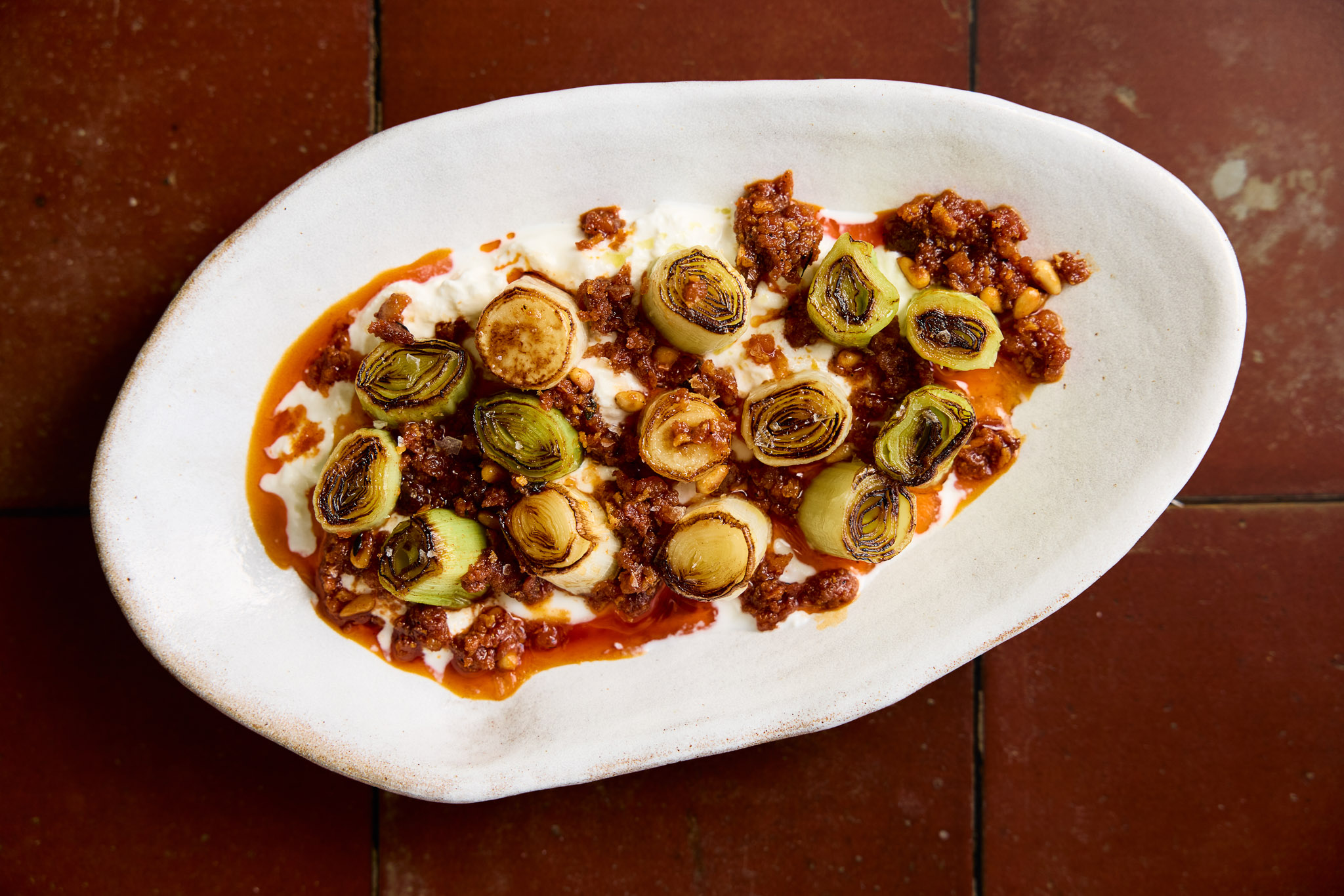 Charred Leeks with Burrata and Sobrasada