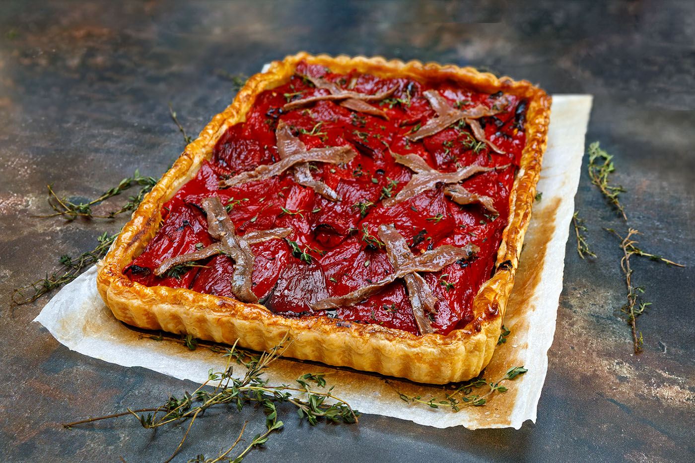 Piquillo Pepper, Caramelised Onion and Anchovy Tart
