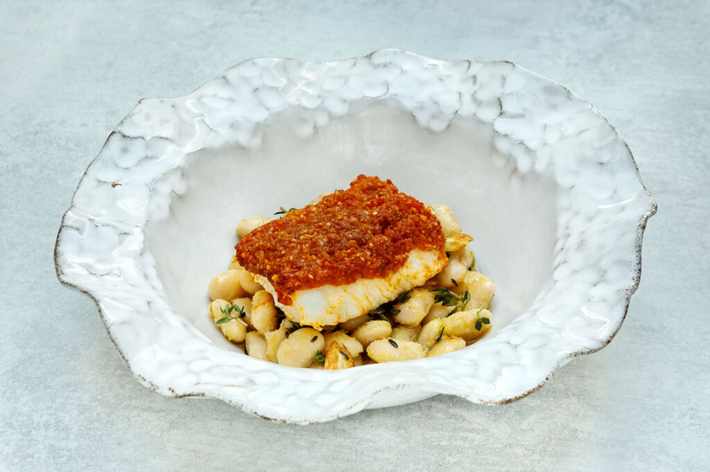 Roast Cod Loin with Chorizo Crust, Lemon and Thyme Butter Beans
